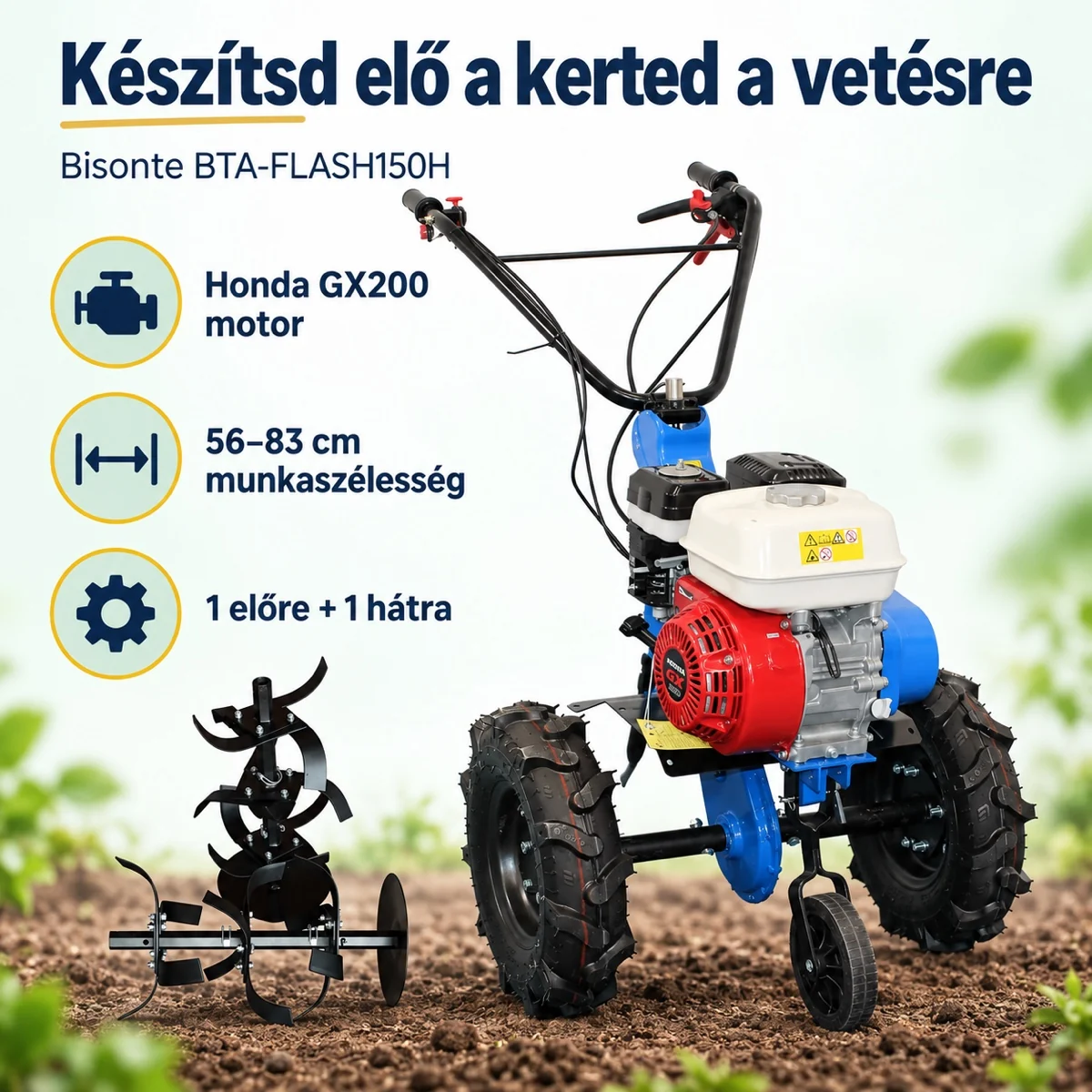 Bisonte BTA-FLASH150H: Honda GX200 motor, 56–83 cm munkaszélesség, egy előre- és egy hátrameneti fokozat