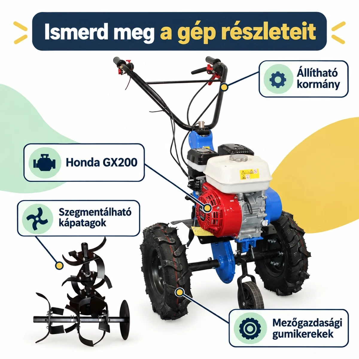 Feliratozott termékábra: Honda GX200 motor, állítható kormány, szegmentálható kapatagok és mezőgazdasági gumikerekek
